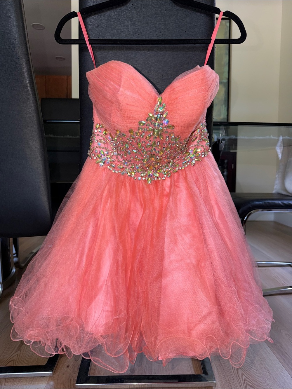Girls Coral Tulle Dress with Jeweled Waistband